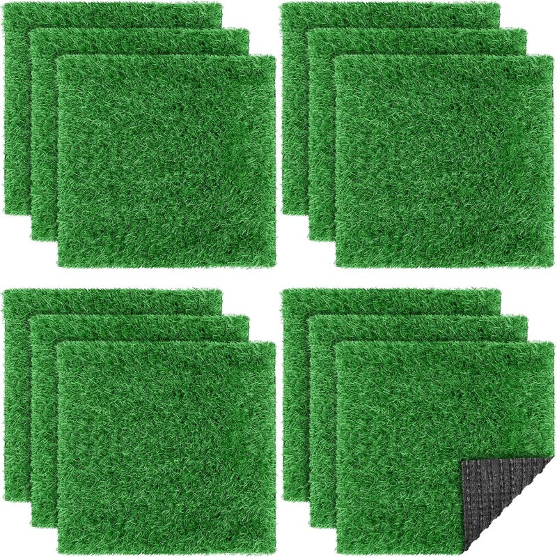 TURSTIN 12 Pieces Artificial Grass Mat Square 12 x 12 Inch Fake Turf Patch Indoor Outdoor Garden Lawn Patio Balcony Synthetic Turf Mat Realistic Grass Rug for Crafts Miniature Garden DIY, Dark Green - Image 1